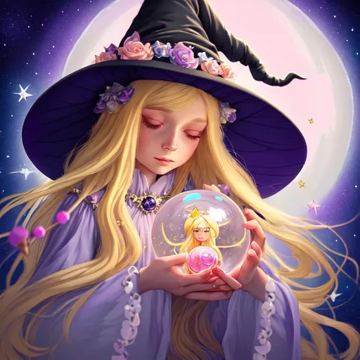 Prompt: witch with long blonde hair, using crystal ball, wearing witch hat, cute, flowers, aesthetic, pastel, fairycore, disney, pixar, moon, stars, witchcraft, in a starry pastel sky, sweet, dreamy, award winning illustration, artstation, highres