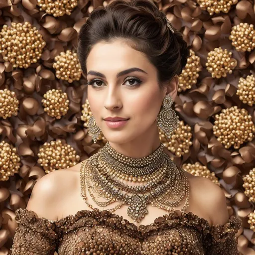 Prompt: Please produce a  picture of a full body visible elegant female full color brown julia clusters fractal on voronoi dressed as french artist, looking at viewer, photography, Stunning, updo, detailed skin, extremely detailed face with eyes and iris, luxury jewelry, old manorб Grease style realistic, photo-realistic,  highly detailed, full length frame, piercing, surrounded by full color voronoi on julia clusters fractal in fibonacci spiral sky background with sun and moon, diffused soft lighting, shallow depth of field, sharp focus, hyperrealism, cinematic lighting highest quality, highest detail, Cinematic, Long Exposure,