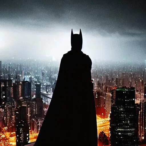 Batman looking over Gotham city on a dark and rainy...