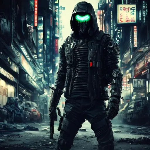 Prompt: Original villain. Future military armour with black and neon. Slow exposure. Detailed. Male masked. Dirty. Dark and gritty. Post-apocalyptic Neo Tokyo. Futuristic. Shadows. Sinister. Brutal. Scary. Evil. Bionic enhancements.