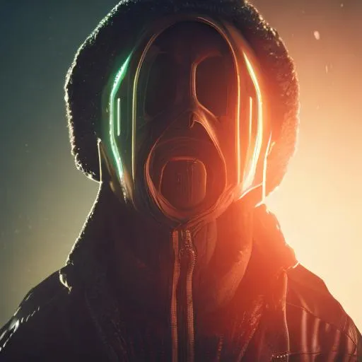 Prompt: Quality, 8k, cyberpunk, neon back lighting, masked hooded figure, heartbroken 