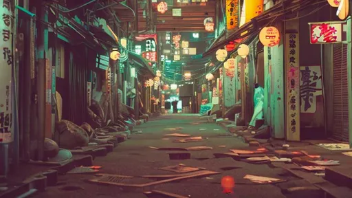 Prompt: japanese alley way with bright neon signs. with milk crates on the ground.

