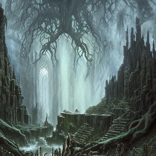 Prompt: haunted eldritch dark elven temple ruins:overcast:fantasy illustration,lord of the rings, the hobbit,hyper realistic,dungeons&dragons by John Howe and Alan Lee—ar 2:3