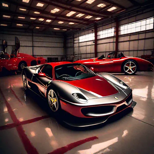 Prompt: ferrari with hot red interior, polished metal, product studio shot, on a hangar in background, diffused lighting, centered.
