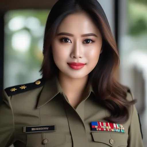 Prompt: pretty busty Indonesian woman, 25 year old, (round face, high cheekbones, almond-shaped brown eyes, epicanthic fold, small delicate nose), in military unifrom, posing for a picture, action pose,  elegant, hd, stylish, masterpeice, intricate detail