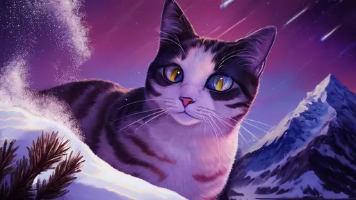 Prompt: Extremely detailed high quality, breathtaking painted image of a star gazing cat. With snowcapped mountains in the background. Award winning.