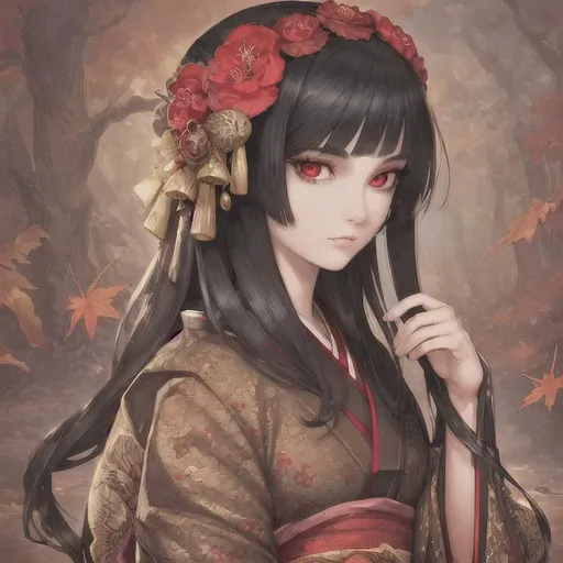 Prompt: masterpiece, illustration, best quality:1.2), 1girl, solo, black hair, dignfied, finely detailed, detailed face, toned face, beautiful detailed eyes, beautiful detailed shading, beautifully detailed background, red eyes, fallen leaf, autumn, red kimono, flower hair ornament