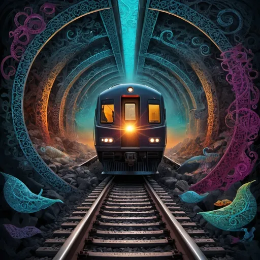 Prompt: Album cover (for 'Train of Life'), (surreal) digital train, flowing through a shadowy, abstract landscape, filled with (hidden symbols), (cryptic codes), and (secret letters), dense with intricate patterns, enchanting textures, soft (dramatic) lighting, evoking mystery and depth, (otherworldly atmosphere), (highly detailed), (vibrant colors), (intricate details), capturing the essence of Amir Tataloo’s style.