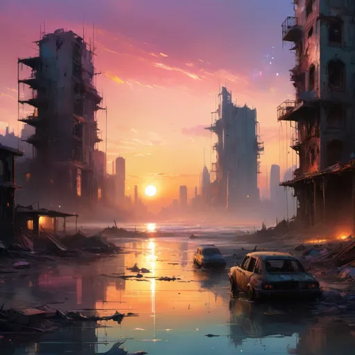 Prompt: A beautiful gorgeous sunset amidst a dystopian ruined city landscape with a pastel sunset and a sparkling pastel sea, by Craig Mullins, Destin Sparks, Raymond Swanland, Justin Minns, Ismail Inceoglu, Behance HD, Artstation, Deviantart, minimalistic touch of gold decorations, 8k resolution, incredible abstract composition, deep colors