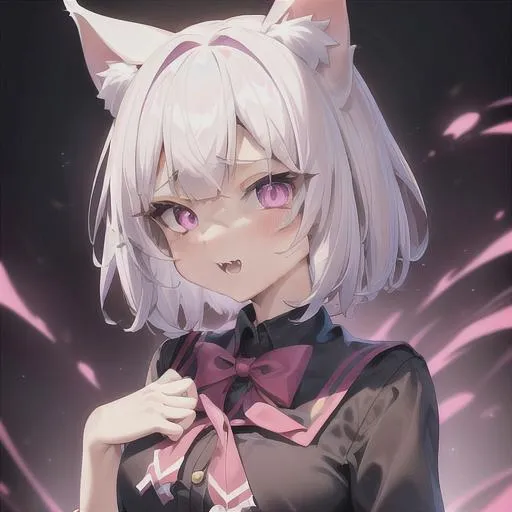 Prompt: 4k, 8k, cat ears, petite face, petite body, detailed, intricate face, portrait, detailed eyes, sharp tones, 1girl, cute woman, short hair, {{white hair}}, pink eyes, wearing school uniform, excited expression, {black background}