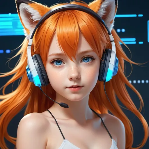 Prompt: a anime kid girl fox ears orange hair blue eyes without shirt only wearing head-set playing a high tech future realistic game