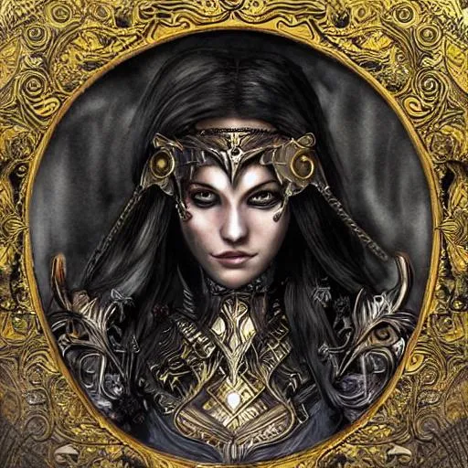 Prompt: photo photorealistic portrait photograph full body art nouveau portrait | Dark Elf Warrior | Gold elegant engraved Armor | esoteric symbolism | ultra - detailed realism, soft cinematic lighting, high - quality, ink watercolors | portrait by charles bell,