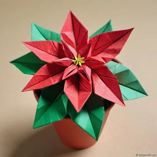 Prompt: Origami poinsettia in a ceramic pot, intricate paper folding, vibrant red and green hues, realistic paper texture, macro close-up, high quality, origami art, festive, detailed folds, delicate petals, decorative, festive, paper craft, handcrafted, miniature, vivid colors, elegant lighting