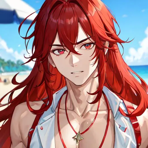 Prompt: Zerif 1male (Red side-swept hair covering his right eye) at the beach, 8k, UHD, highly detailed, insane detail, masculine, wearing tropical attire