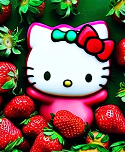 Prompt: Hello kitty holding a strawberry 