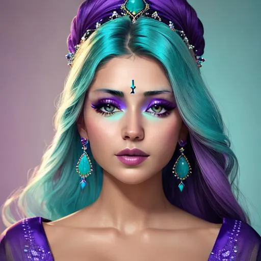 Prompt: Beautiful ethereal woman. color scheme of turquoise and purple. facial closeup