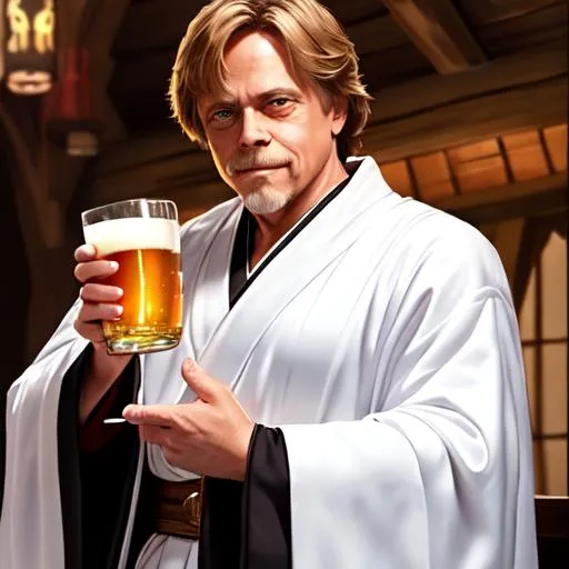 Prompt: {Mark Hamill}, jedi robes, smile face, drinking beer, hypermaximalist, hyper realistic, anime, dramatic, digital painting, artstation, smooth, sharp focus, coastal medieval village, full body shot, high resolution, castle tavern, frank frazetta style art 