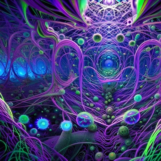 Prompt: Prompt: "The Quantum Dreamscape"

Description: Within the quantum realm, where reality blurs and the laws of physics dance to an enigmatic tune, lies the Quantum Dreamscape—a surreal fusion of abstract geometry, kaleidoscopic colors, and shifting dimensions.

Imagine an intricate and labyrinthine network of crystalline structures that appear to be simultaneously solid and ethereal. These structures seem to be suspended in a state of perpetual flux, with pathways and chambers morphing and twisting in ways that defy conventional geometry.

The Dreamscape is bathed in a mesmerizing, ever-shifting array of colors that seem to emanate from the very essence of the structures themselves. Vibrant hues, from iridescent blues to ethereal purples, flow and merge like liquid light, casting an otherworldly glow across the surroundings.

Within this surreal environment, visualize sentient beings, ethereal entities that exist as shimmering wisps of energy. They navigate the complex web of crystalline pathways, their forms mirroring the abstract geometry around them. These beings are explorers of the quantum realm, seeking to unlock the secrets of the universe's most fundamental mysteries.

As the beings move through the Dreamscape, they leave behind ephemeral trails of luminescent energy that hang in the air, forming intricate patterns reminiscent of cosmic constellations. These patterns are not only a record of their movements but also a visual representation of the quantum entanglement that connects all things.

The Quantum Dreamscape is a visual representation of the intersection between science and art, where the esoteric concepts of quantum physics merge with the boundless creativity of the human mind. It challenges viewers to contemplate the nature of reality and the infinite possibilities that lie within the quantum realm, where dreams and physics intertwine in a mesmerizing and enigmatic dance.