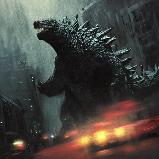 Prompt: godzilla by jeremy mann, dark cyberpunk style