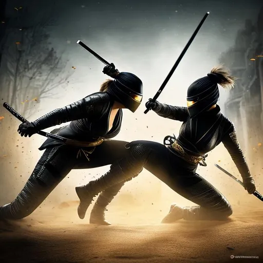 Prompt: create best quality photograph of two beautiful elite female ninjas fighting whit swords, both are in gold and black ninja suits, Most beautiful ninja style background, detailed face, extremely detailed environment, extremely detailed background, extremely detailed skin, extremely detailed clothing, natural colors , professionally color graded, photorealism, 8k, realistic, moody lighting, ambience lighting, galactic environment, volumetric lighting