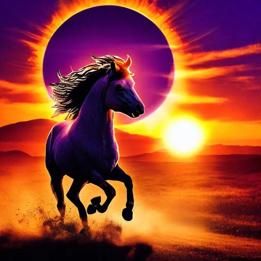 Prompt: Purple  colour sun with hands and horse running in front of sun