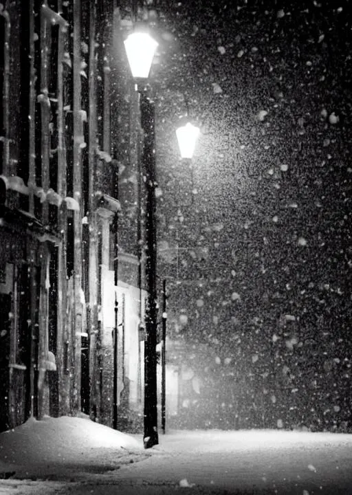 Prompt: empty street night winter snowing old town yellow streetlight black and white 