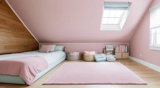 Prompt: attic room, triangular nook, comfy throw pillows, soft comforter, books lying around, a sleeping tabby cat with eyes closed, pastel colors, no bed, large glass windows