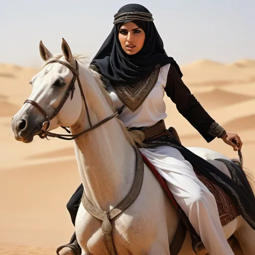 Prompt: Vailed Arab woman warrior, desert battle scene, Arabian stallion, kufiyah, detailed traditional clothing, fierce expression, sandy desert landscape, dynamic action, high quality, detailed realism, Arabian, warrior, desert, battle scene, traditional clothing, kufiyah, Arabian stallion, fierce expression, detailed, dynamic action, sandy desert, high quality, detailed realism