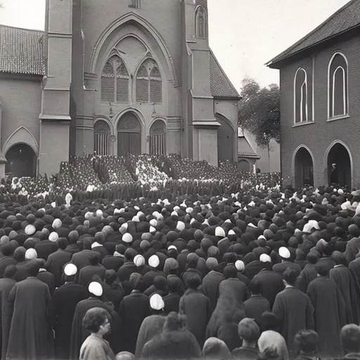 Prompt: religious crowd in front of a church 1900
