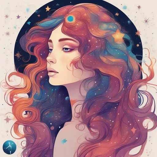 Prompt: Colorful and beautiful Persephone with hair that is made out of the stars and constellations