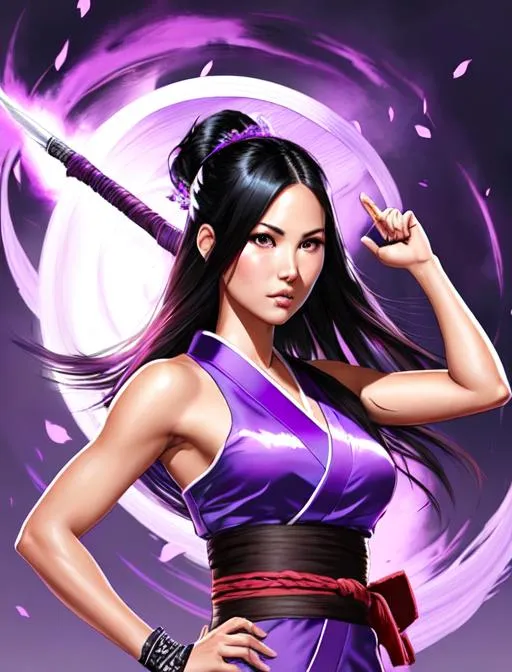 Prompt: Olivia munn, 15 years old, , sleeveless, black wild hair, brown eyes, battlefield, karate stance, ethereal, purple traditional kimono from FFXIV, jewelry set,stunning, royal vibe, highly detailed, digital painting, Trending on artstation , HD quality, tan skin,artgerm,  by Ilya Kuvshinov 