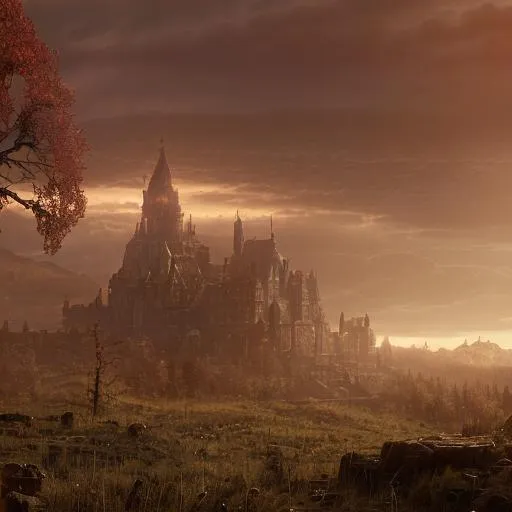 Prompt: The large world of Elden Ring, in the background showing the massive World Tree glowing gold/red hue overlooking the landscape, in the foreground is a decaying and complex castle. There picture and area is zoomed out over a large and multiple landscapes with a gothic 