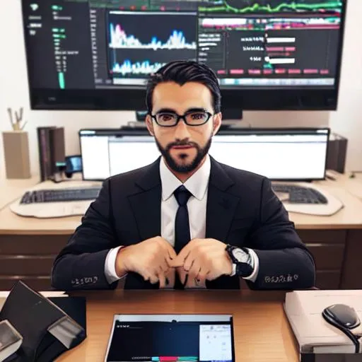 Prompt: transforms this man without changing his face, into a cryptocurrency multi-millionaire, dressed in a smart business suit and with a rolex watch on his wrist and with a pc with an open card of market graphs. sitting in his comfortable chair behind his desk in his luxurious penthouse office with the panorama of dubai