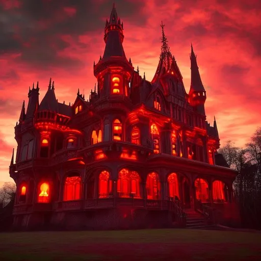 Prompt: A giant,evil,stunning,red,victorian castle with a red glowing sky