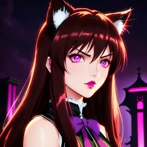 Prompt: fair skin tone, neon background, beautiful woman, innocent, hot, long dark brown hair, purple eyes, dark red lips, gothic, victorian,  vacant stare, cat ears, cat tail, dynamic pose, detailed facial features, dark lighting, 90s anime, 80s anime, anime screencap, cartoon, 2d art, romance novel cover, anime art style, castlevania anime, beserk anime,