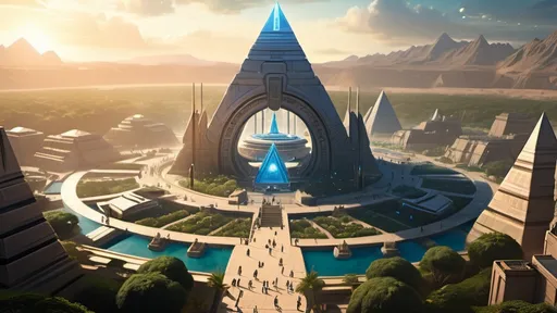 Prompt: Stargate in the middle of a city plaza, futuristic setting, aerial view, star portal, pyramid spaceships, floating pyramids, hanging gardens, detailed fantasy art, futuristic gardens, highres, detailed, aerial perspective, fantasy art, sci-fi, futuristic, star portal, detailed architecture, egyptian architecture, professional, magical lighting, atlantis setting