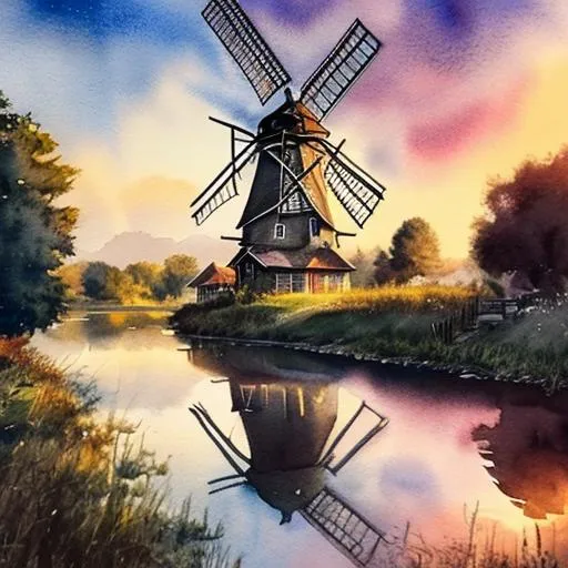 Prompt: Insanely detailed soft Watercolour painting of vintage windmill, reflection in river water, summer Sunset over river, medow, golden hour, warm lighting, Beautiful, natural lighting, watercolour photoillustration hyperrealism meticulously hyperdetailed, fantasy mixed media