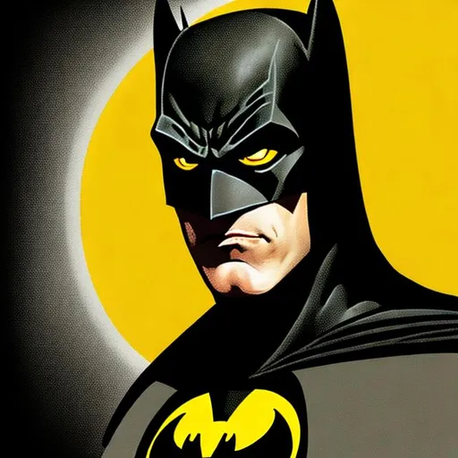 Prompt: headshot portrait of Michael Keaton's batman, extremely detailed features, yellow silhouette glow around the character, yellow flame effect coming from the corner of each eye, grey scale gradient backround