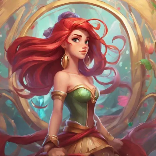 Prompt: Vivid, detailed, Disney art style, full body, Ariel Disney Princess, Hair part on left side, League of Legends style, fighting
