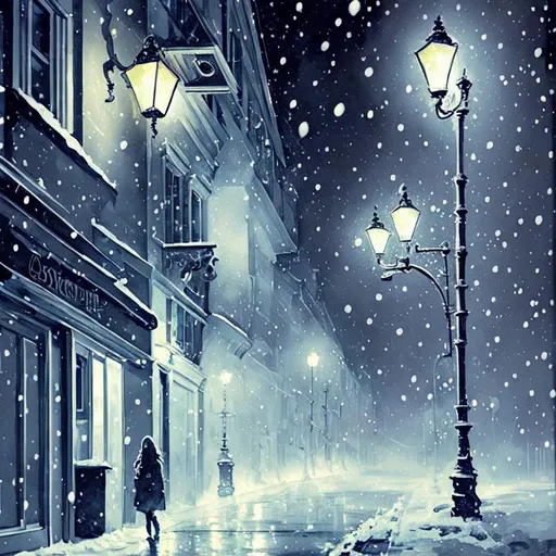 empty street with strong snowfall and a few streeght
