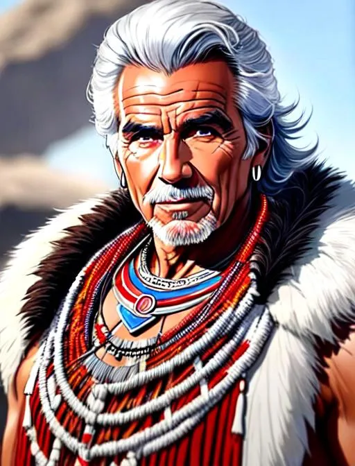 Prompt: Ricardo Montalban, older male, wearing tribal cueitl chief outfit, giving a speech in crowded tribal city, sleeveless, grey hair, brown eyes, ethereal, happy, jewelry set balayage wild hair, royal vibe, highly detailed, digital painting, Trending on artstation , HD quality, tan skin,artgerm,  by Ilya Kuvshinov 