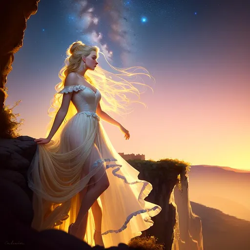 Prompt: painting of a beautiful girl, style of Fragonard and Pixar (messy long flowing
 blonde hair), midnight, standing on the edge of a cliff overlooking a valley with a city in the center of the calderra, ((inricate gown)) delicate, soft, ethereal, luminous, glowing, dark contrast, celestial, trails of light, 3D lighting, soft light, backlit