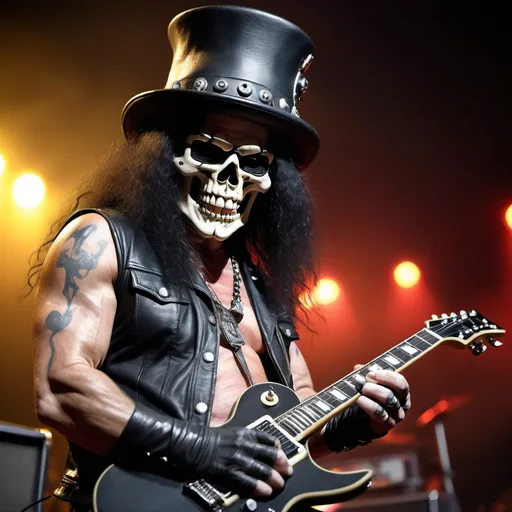 Prompt: Skullhead heavy metal rocker Slash's hat and heavy Electric Guitar and his band of damned play the song