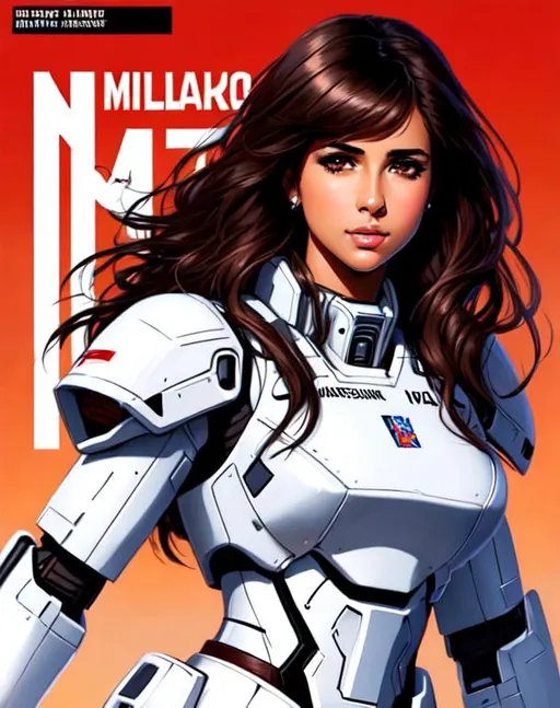 Prompt: hip hop magazine cover - full body
Naomi Scott, 26 years old, brown hair, happy, parted bangs, brown eyes, ethereal, wearing white heavy mech Armor, wild hair, royal vibe, highly detailed, digital painting, Trending on artstation , HD quality, tan skin, Big Eyes,artgerm, by Ilya Kuvshinov