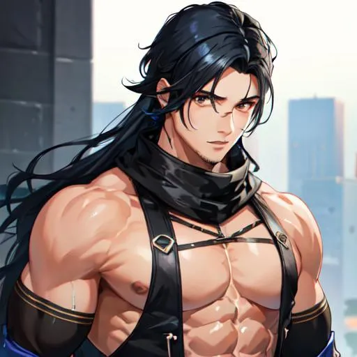 Prompt: Male (black hair in the front blue hair in the back) (brown eyes) buff, muscular. UHD, 8K, highly detailed