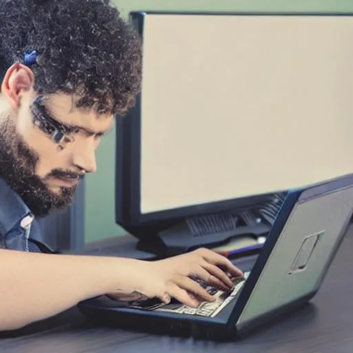 Prompt: a high person that smokes a joint and with a thinkpad computer in hand