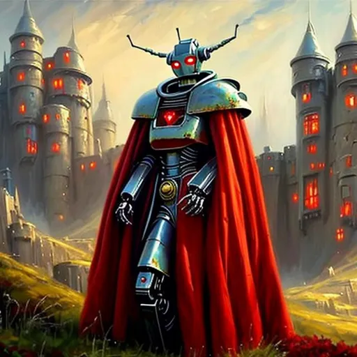 Prompt: High quality painting of beautiful robot in a red cloak, standing in sci fi castle