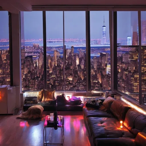 Prompt: view of nyc nightlife through an aesthetic apartment