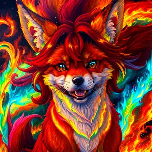 Prompt: (8k, UHD, highly detailed, hyper detailed, masterpiece, detailed oil painting) portrait of [fire elemental] ((fox)), (canine quadruped), adolescent female, detailed silky (crimson-red fur), {gleaming yellow-green eyes}, 8k eyes, youthful, lively, lithe, bounding, {black fur highlights}, sharp focus, cinematic, dynamic view, worm eye view, in a magical cave filled with highly detailed craggy rocks, covered with sparkling gems, gems of many colors, air filled with hollowed blue glow, vivid colors, brilliant colors, long silky hair on crest, plump, (rows of pink blossoming sakura trees), highly detailed ruins, umber red mane, wispy brown ears, wispy ruby-red mane, flowers on fur, snow-capped trees, snow on fur, forest, silky bushy tail, billowing mane, professional, unreal engine, dynamic, intricate detail, intricately detailed fur, highly detailed face, best quality, highly detailed mouth, 4k, 16k, 64k, HDR, unreal 5, artstation, deviant art, instagram, trending, perfect composition, symmetric, golden ratio