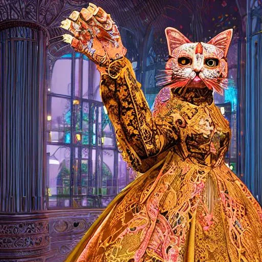 Prompt: anthropromorphic Cat, wearing ornate Victorian gown, lace and satin, gilded, intricate, flowing, neon, led, fractals, hyper-detailed, 64K, UHD, HDR, unreal engine, vivid colors